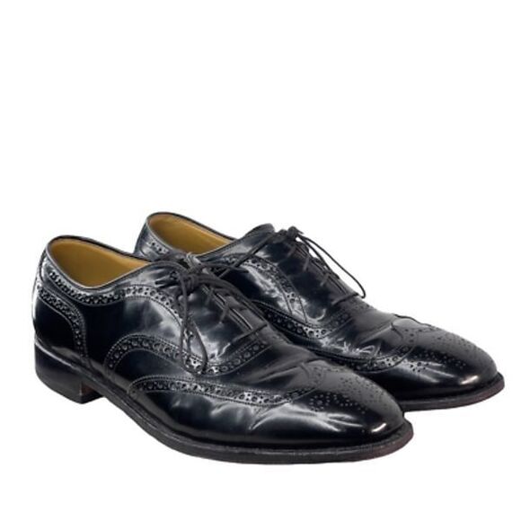 Johnston & Murphy Mens Hannigan Brogue Dress Shoes Black Almond Toe Wingtip 10.5 - Picture 1 of 12